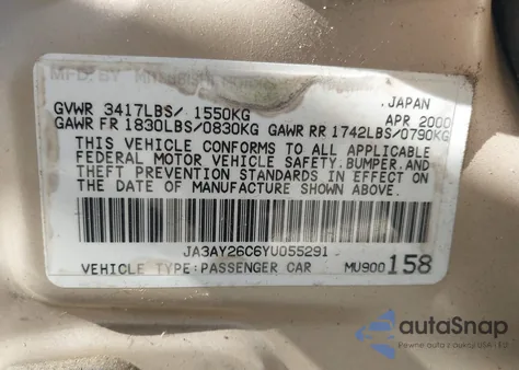 2000 Mitsubishi Mirage De from USA, damaged, VIN JA3AY26C6YU055291